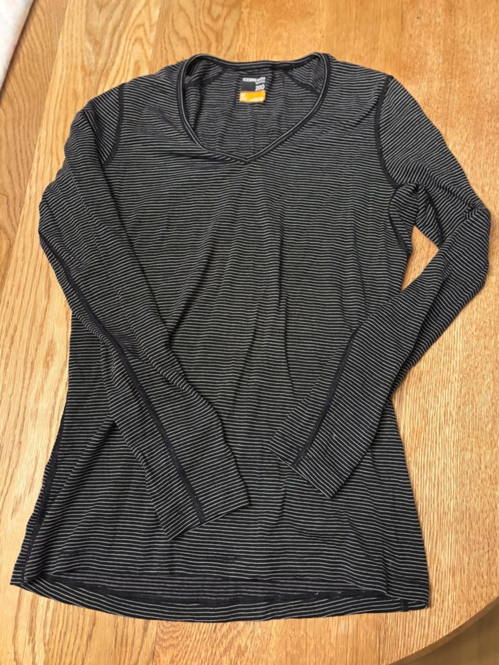 Icebreaker Women’s Black and Gray Striped Long-Sleeve V-Neck Top